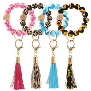 Sunflower Leopard Silicone Bracelet Keychain Wristlet Bangle Keyring Portable House Car Keys Ring Holder With Tassel