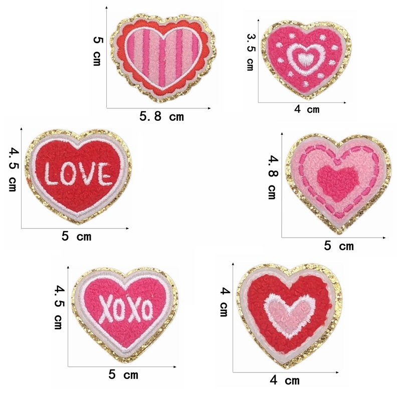 Trendy 5CM Colorful Sweet Heart Iron on Hat patches DIY Valentine's Day Kid Small Heart Chenille Patches for Hat Dress Bagg