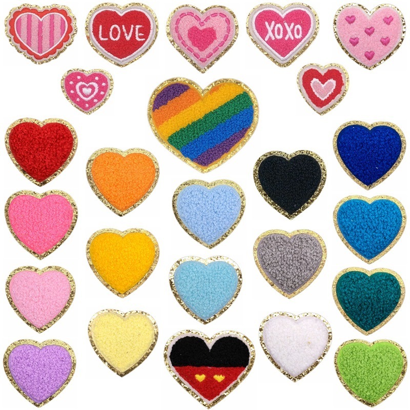 Trendy 5CM Colorful Sweet Heart Iron on Hat patches DIY Valentine's Day Kid Small Heart Chenille Patches for Hat Dress Bagg