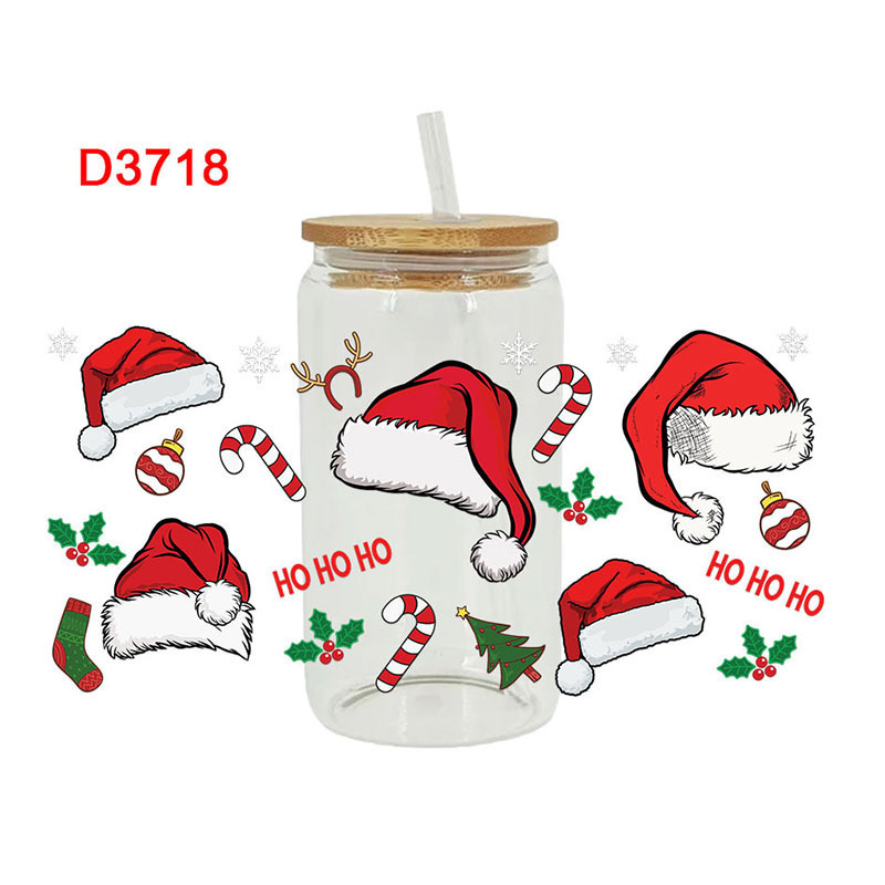 Christmas Series Cartoon Printed Mug Labels Heat Transfer Sticker Cute Snowman Elk Christmas Tree UV DTF Wrap Glass Cup Stickers