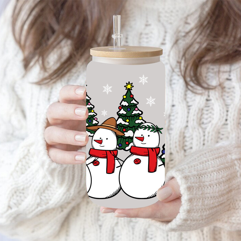 Christmas Series Cartoon Printed Mug Labels Heat Transfer Sticker Cute Snowman Elk Christmas Tree UV DTF Wrap Glass Cup Stickers