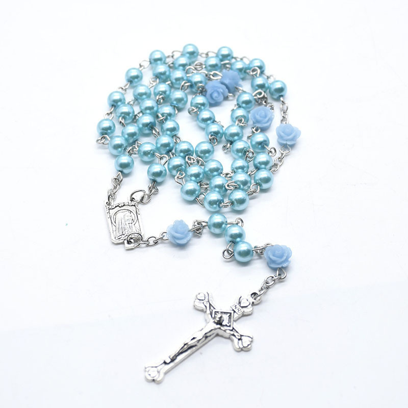 2021 New  Medal Cross Crucifix Silver Tone Rosaries Light Blue Pearl Flower Beads Rosary Catholic Necklace