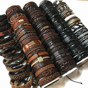 Wholesale Tribal Wood Beads Ethnic Adjustable Woven Cuff Wrap Braided Real Leather Bracelets for Men