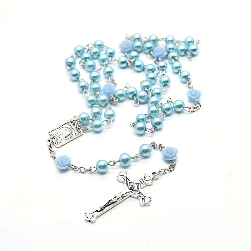 2021 New  Medal Cross Crucifix Silver Tone Rosaries Light Blue Pearl Flower Beads Rosary Catholic Necklace