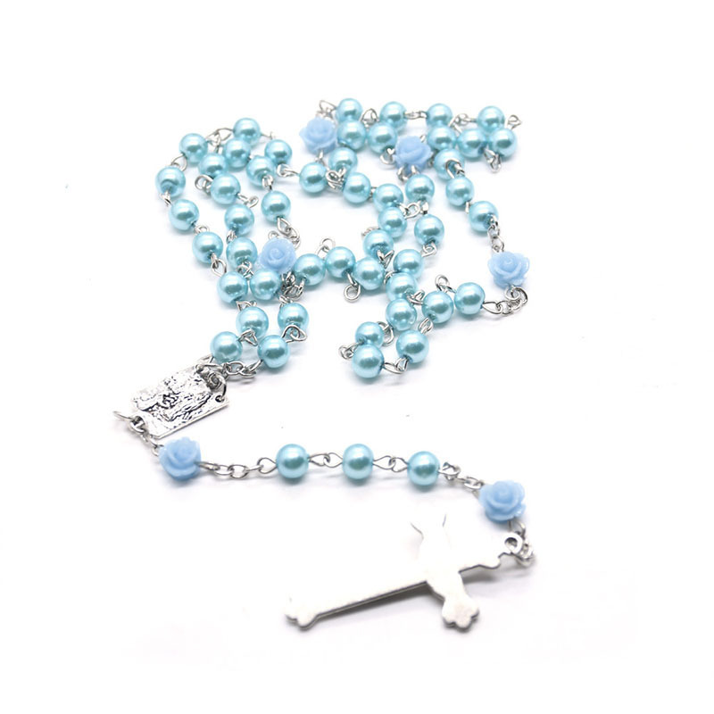 2021 New  Medal Cross Crucifix Silver Tone Rosaries Light Blue Pearl Flower Beads Rosary Catholic Necklace