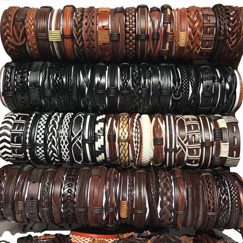 Wholesale Tribal Wood Beads Ethnic Adjustable Woven Cuff Wrap Braided Real Leather Bracelets for Men