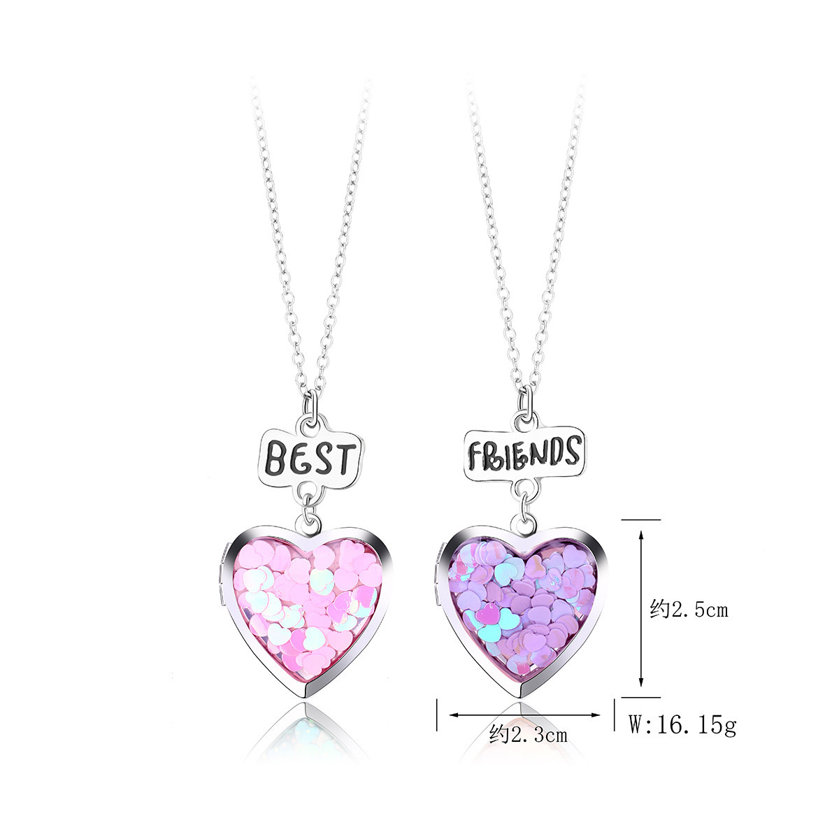 Factory Wholesale Price Sequin Glitter Heart Locket Pendent Necklaces for Men Best Friend