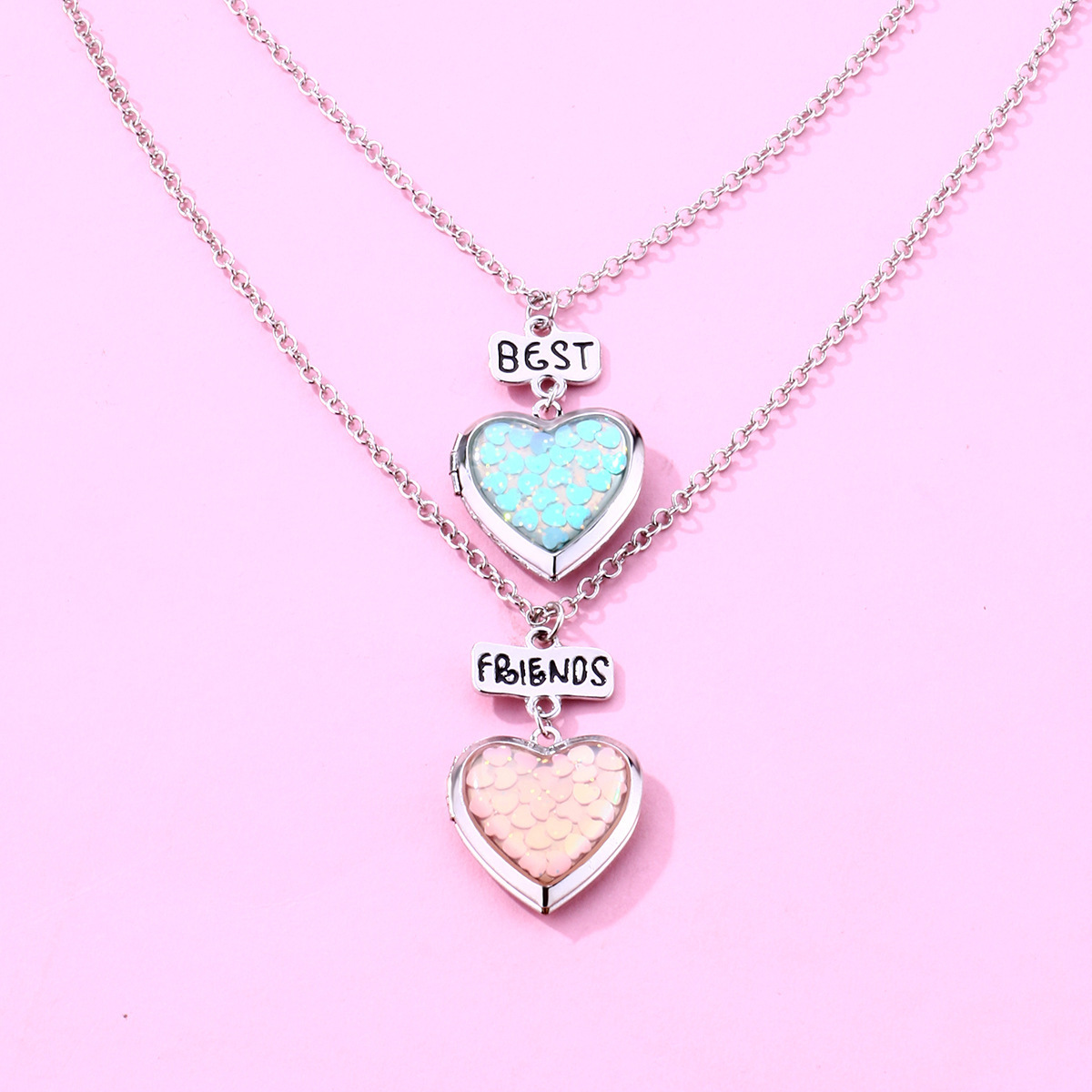 Factory Wholesale Price Sequin Glitter Heart Locket Pendent Necklaces for Men Best Friend