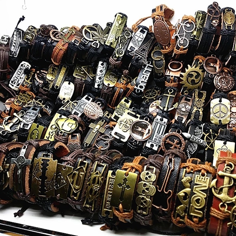 Wholesale Tribal Wood Beads Ethnic Adjustable Woven Cuff Wrap Braided Real Leather Bracelets for Men