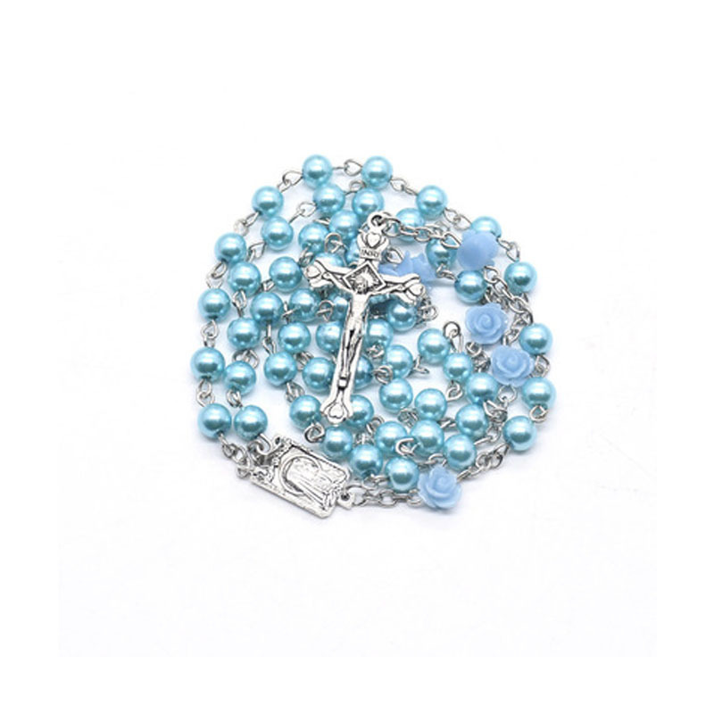 2021 New  Medal Cross Crucifix Silver Tone Rosaries Light Blue Pearl Flower Beads Rosary Catholic Necklace