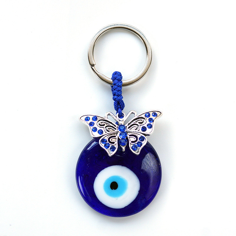 Hot Sale Blue Rhinestone Horseshoe Turtle Butterfly Evil Eye Keychain for Women Men