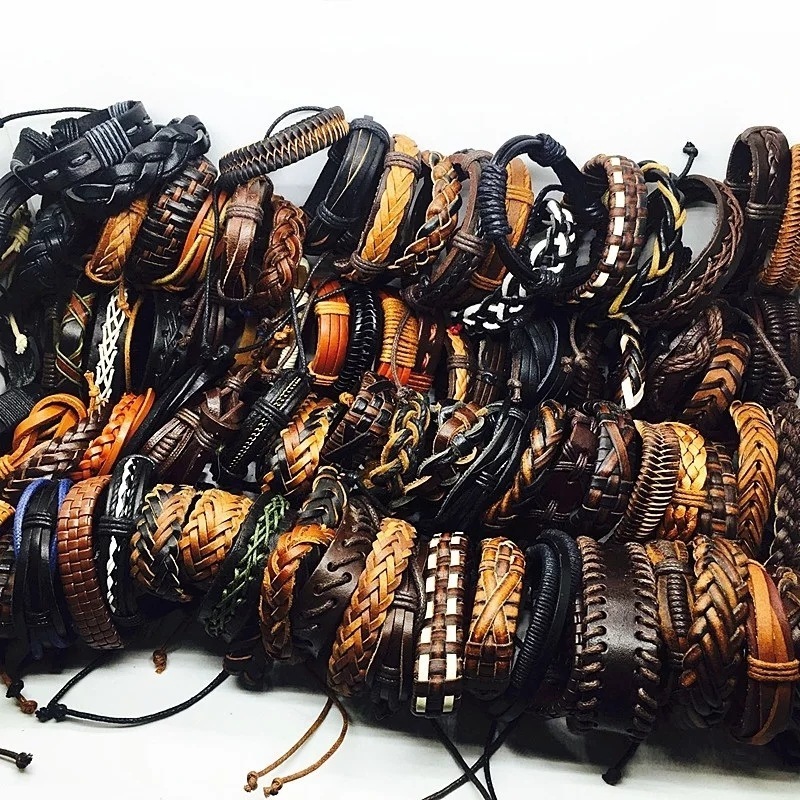 Wholesale Tribal Wood Beads Ethnic Adjustable Woven Cuff Wrap Braided Real Leather Bracelets for Men