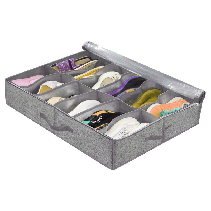 High Quality Fabric Underbed 12 Cells Shoe Storage Bags Foldable Shoe Storage Organizer With Clear Window For Closet