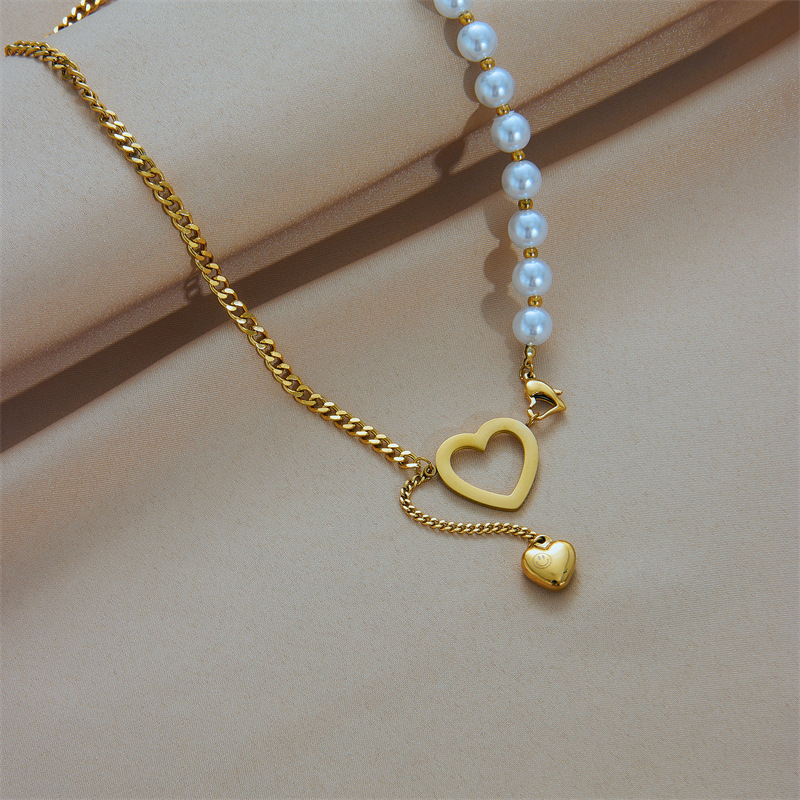 New Pearl Chain 18k Gold Plated Stainless Steel Hollow Love Heart Pendant Necklace For Women