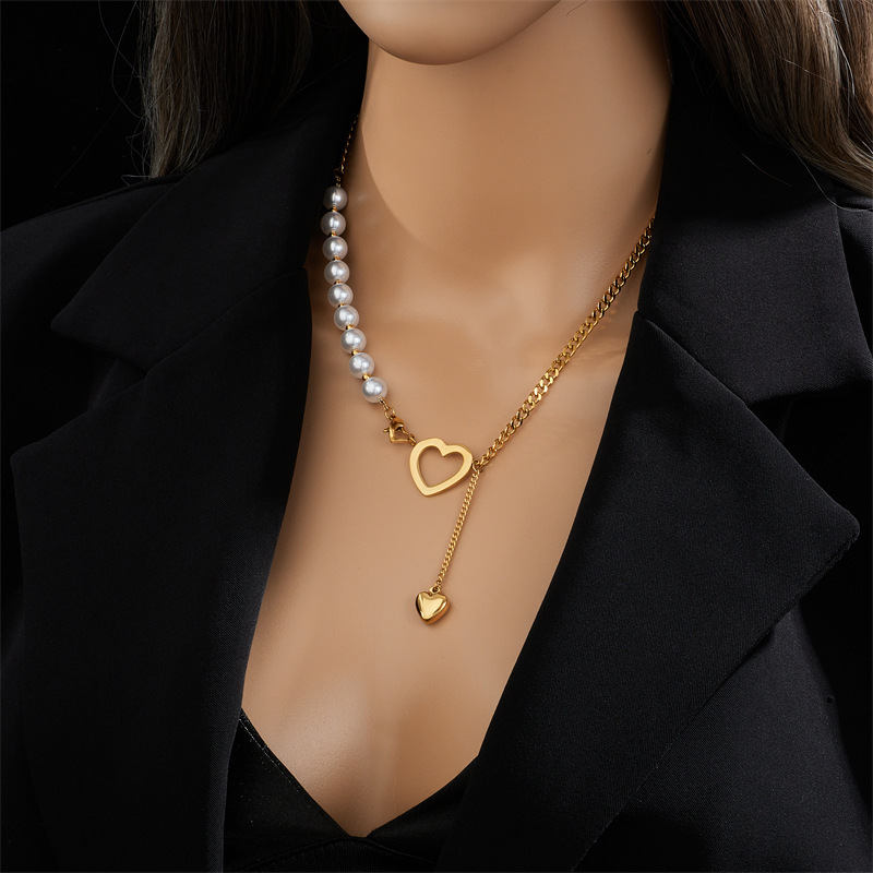 New Pearl Chain 18k Gold Plated Stainless Steel Hollow Love Heart Pendant Necklace For Women