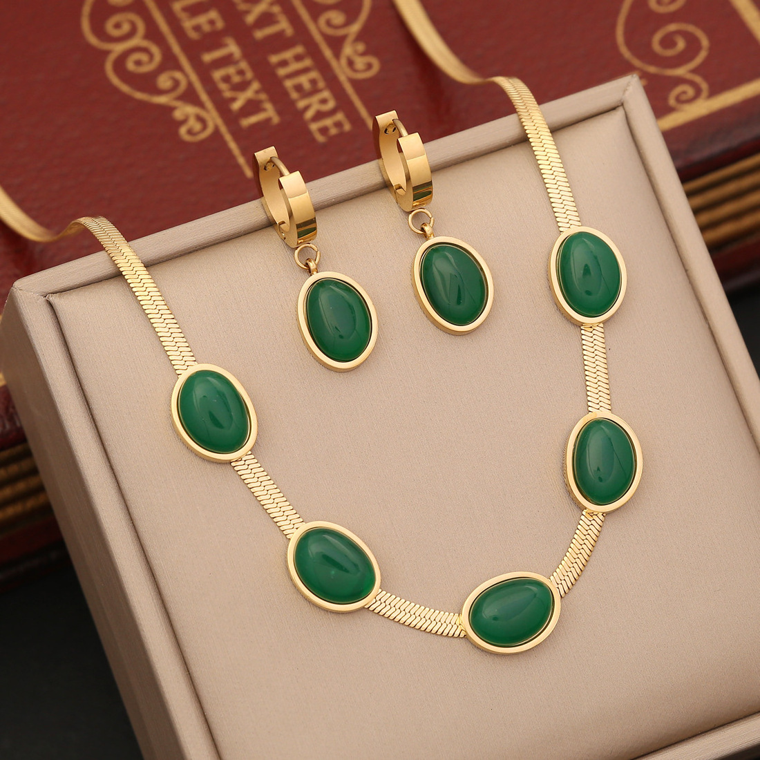 2023 New Women Glamour Stainless Steel Green Stone Earring Necklace joyeria de acero inoxidable