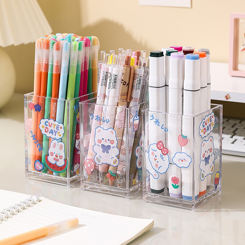 Customizable Transparent Acrylic Pen Holder Stationary Storage Box Cute Oriental Design Office Student Makeup Brush Storage