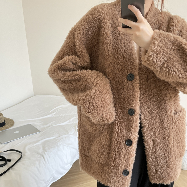 Winter Loose Right Angle Shoulder Fur Integrated Lamb Fur 100% Australian Wool Fur One Piece Jacket Slim Coat For Women