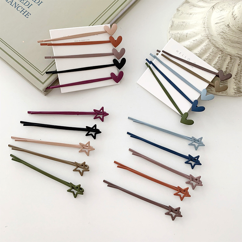 Simple style Spray paint headdress cute heart star hairpins 2 pcs candy color metal bobby pins sets for girls head wear