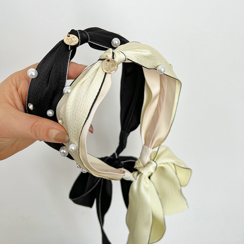 Fashionable Female Hair Jewelry Fabric Headband with Pearls Korean Style Wide Hairband with Long Tail