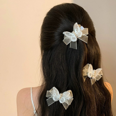 Cheap Hair Decoration White Color Gauze Butterfly Duckbill Hair Clips Wholesale Side Hairpin for Kids Girls Ladies