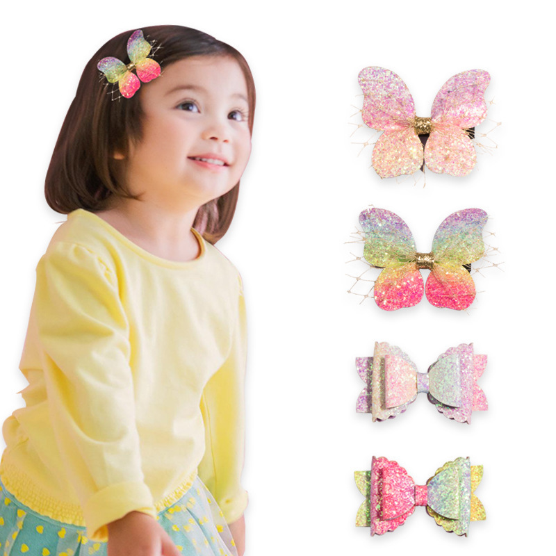 Sweet Girls gift Hair Accessories Glitter Lace butterfly hairpin Colorful bling shiny hair Grip Sequins Bow hair Clip For Kids