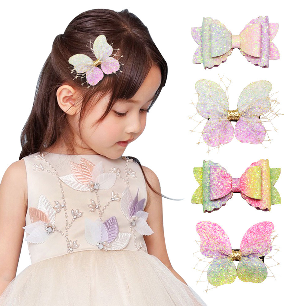 Sweet Girls gift Hair Accessories Glitter Lace butterfly hairpin Colorful bling shiny hair Grip Sequins Bow hair Clip For Kids