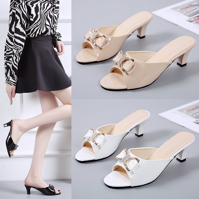 high quality slippers fashion summer wholesale price high heels women's slippers thick heel casual style black shoes for women