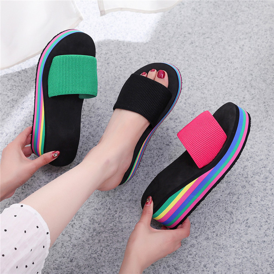 Slippers for women  one line flip flops for women herringbone flip flops for women summer rainbow   high heel thick sole sandals