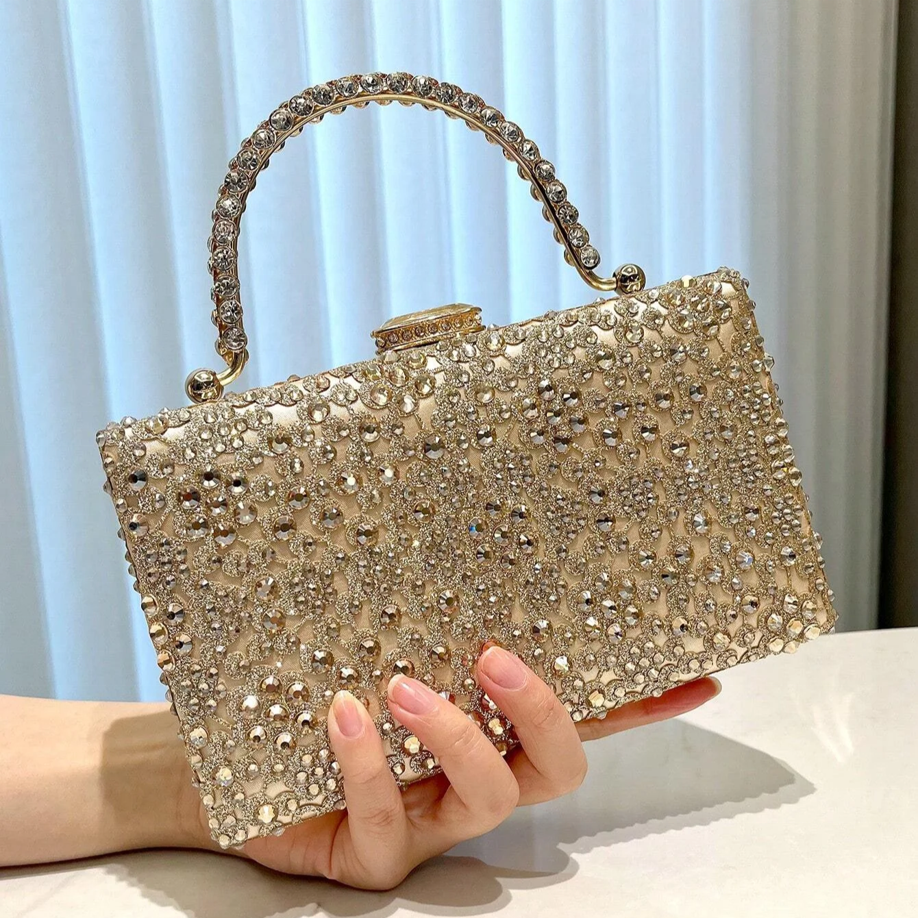 Rhinestone Crystal  Elegant Evening Clutch Bag Diamond Champagne Party Wedding Handbag With Chain Strap Women Purse