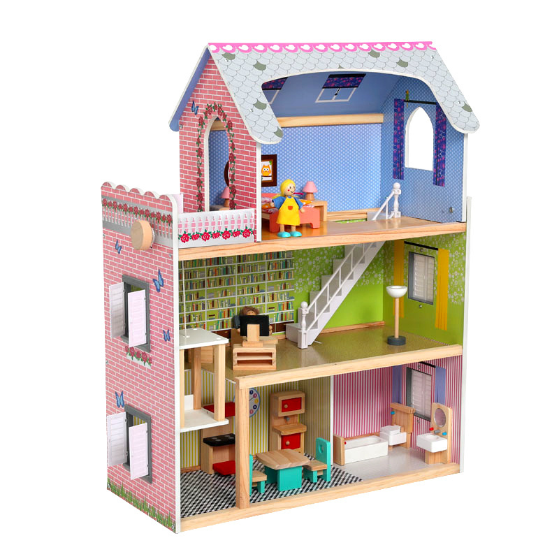 New girl pink doll house simulation wooden princess play doll house wooden children play house toys