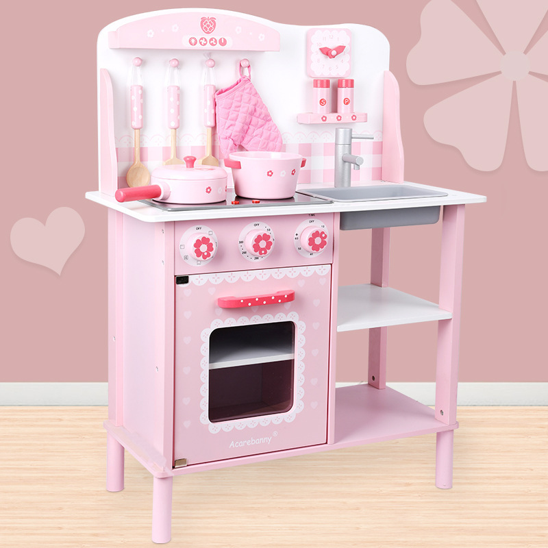 acarebanny wooden kitchen children simulation play house toy princess blue pink simulation cooking toy tool table