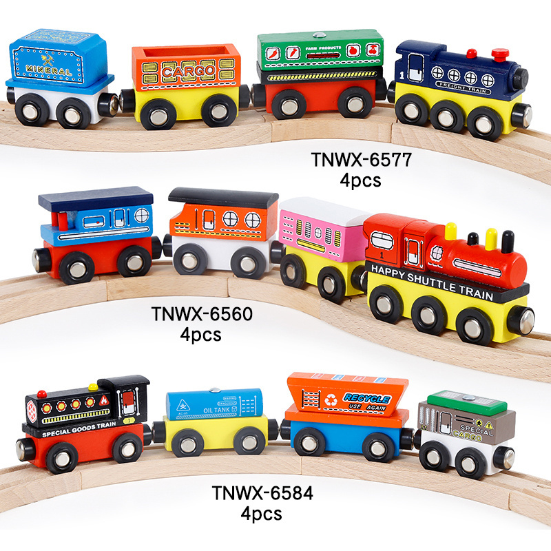 Onshine hot sale children's 4 pcs wooden magnetic train car play set assemble wooden train fit for train track toy