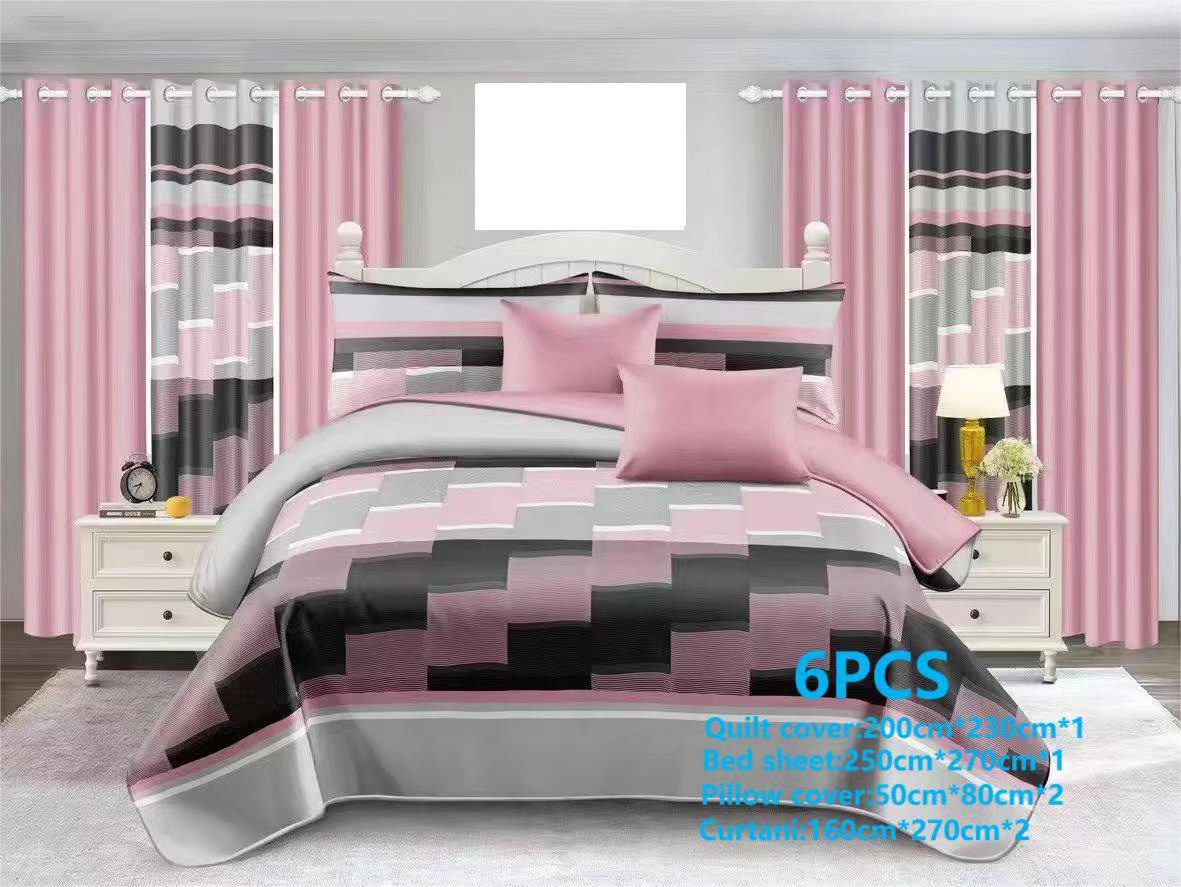 Wholesale sheet sets bedding set quilt bedding with curtains microfiber polyester bedding set 6 pieces