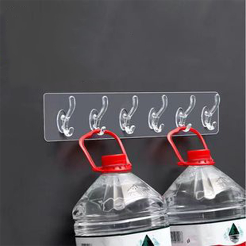 1pc Six rows of punch-free hooks Kitchen bathroom plastic transparent hook