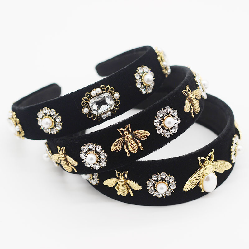 Luxury Fancy Bee Rhinestone Jewelry Diamond Slim Metal Pearl Embellished Women Baroque Headband