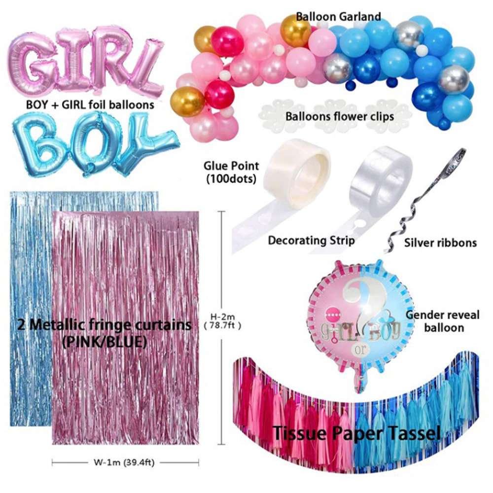 Pink And Blue Baby Shower Party Decoration Curtain Balloon Garland Arch Kit Set Gender Reveal Foil Latex Balloons