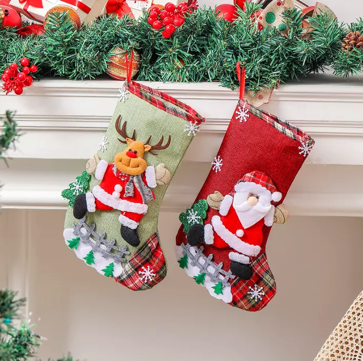 Christmas Stockings With 3D Santa Snowman Reindeer Trees Plaid Xmas Stocking For Christmas Decorations