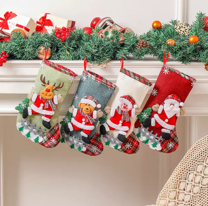 Christmas Stockings With 3D Santa Snowman Reindeer Trees Plaid Xmas Stocking For Christmas Decorations