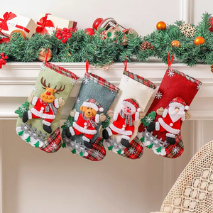 Christmas Stockings With 3D Santa Snowman Reindeer Trees Plaid Xmas Stocking For Christmas Decorations