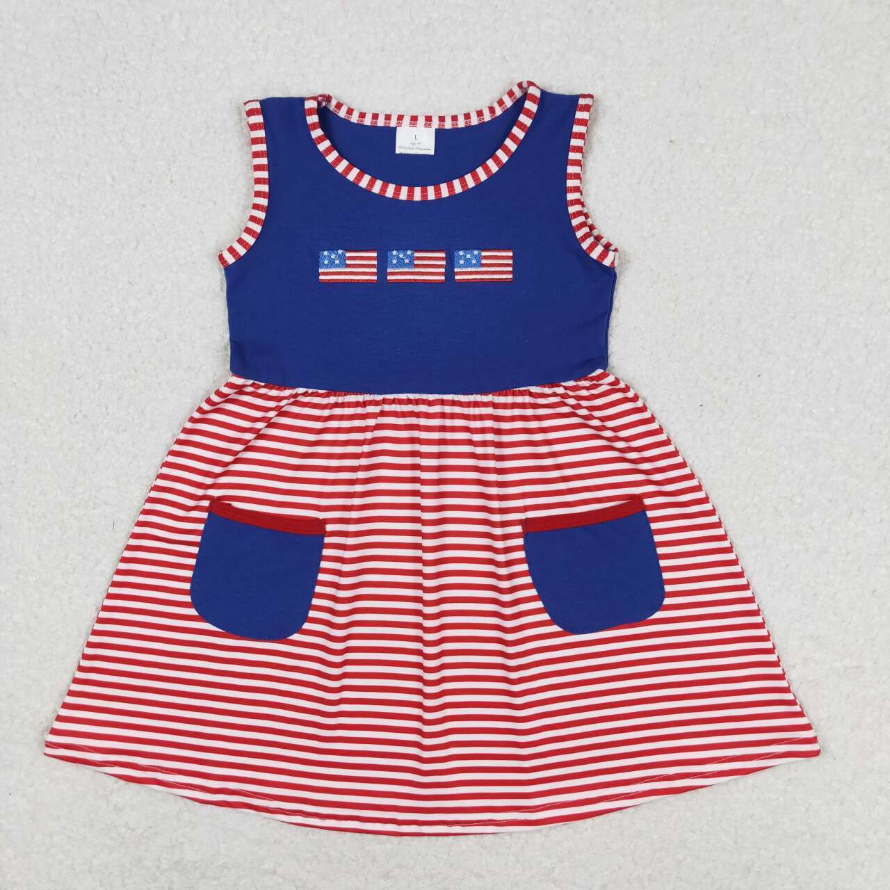 wholesale hot sale 4th of July baby girls clothes Embroidered flag red and white striped navy blue pocket sleeveless dress