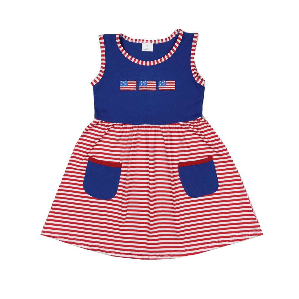 wholesale hot sale 4th of July baby girls clothes Embroidered flag red and white striped navy blue pocket sleeveless dress