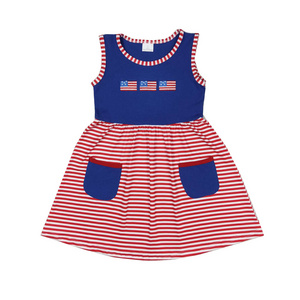 wholesale hot sale 4th of July baby girls clothes Embroidered flag red and white striped navy blue pocket sleeveless dress