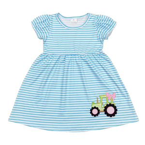 wholesale hot sale western boutique baby girls clothes Embroidered bow tractor blue and white striped short-sleeved dress