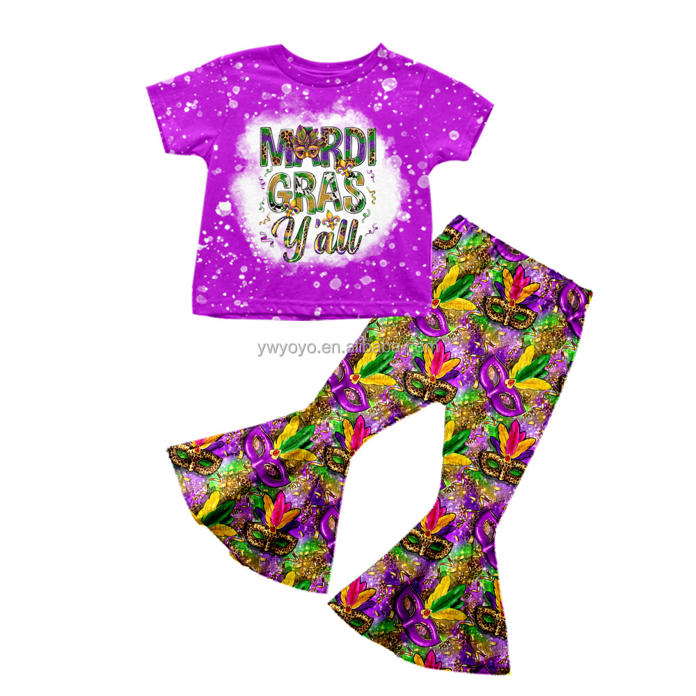 Wholesale Baby Girl Mardi Gras Y'all Outfit Kids Toddler Children Bell Bottom Pants Purple Short Sleeves Shirt Tee Set