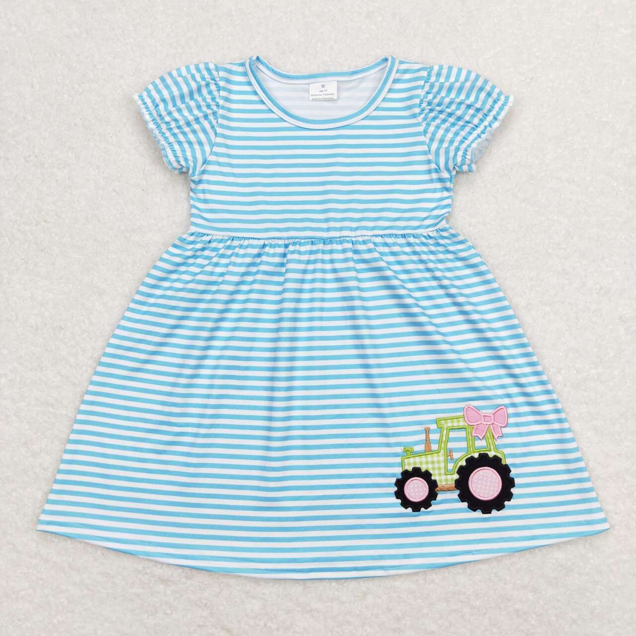 wholesale hot sale western boutique baby girls clothes Embroidered bow tractor blue and white striped short-sleeved dress