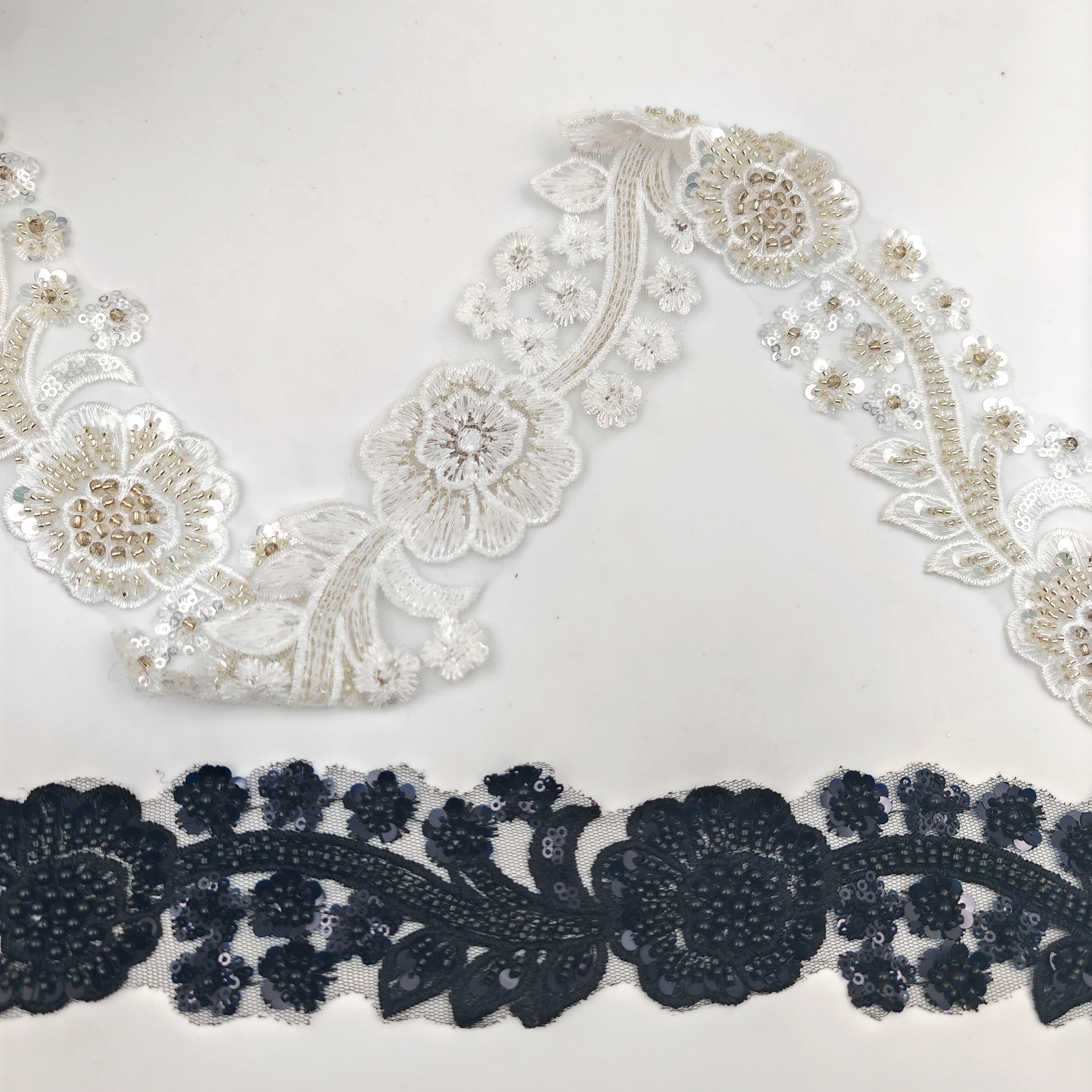 Luxury Beaded Lace sequin  rhinestone fabric Trim Bead Applique french lace fabric for bridal dress