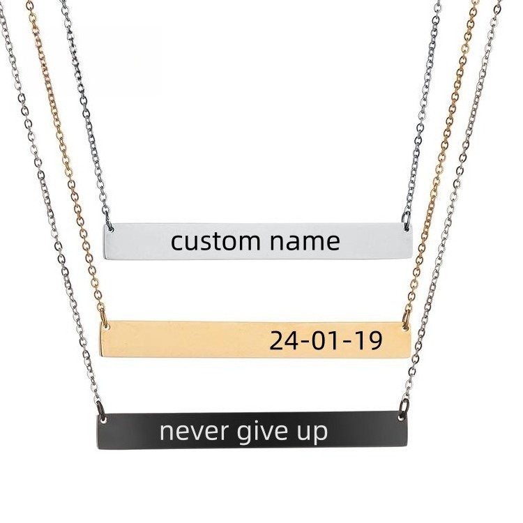 Personalised Custom Logo Name Necklaces Engraved Letter Stamp Stainless Steel Gold Plated Horizontal Blank Bar Pendant Necklace