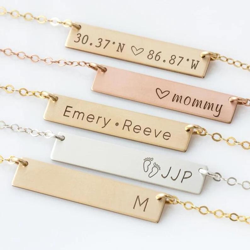 Personalised Custom Logo Name Necklaces Engraved Letter Stamp Stainless Steel Gold Plated Horizontal Blank Bar Pendant Necklace