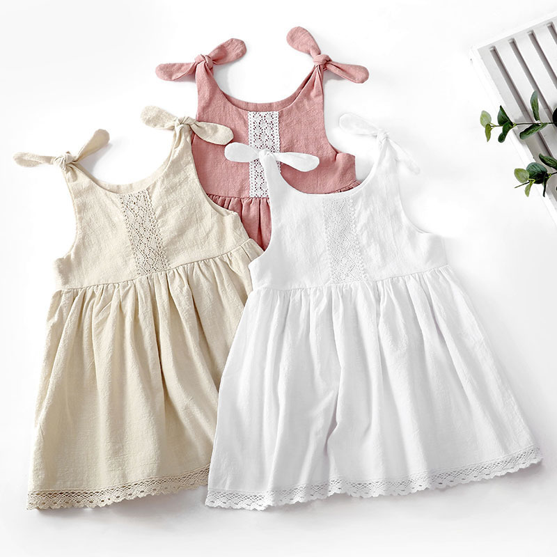 Solid Color Children Kids Dress Linen Cotton Lace Princess Dress Baby Girls Summer Clothes